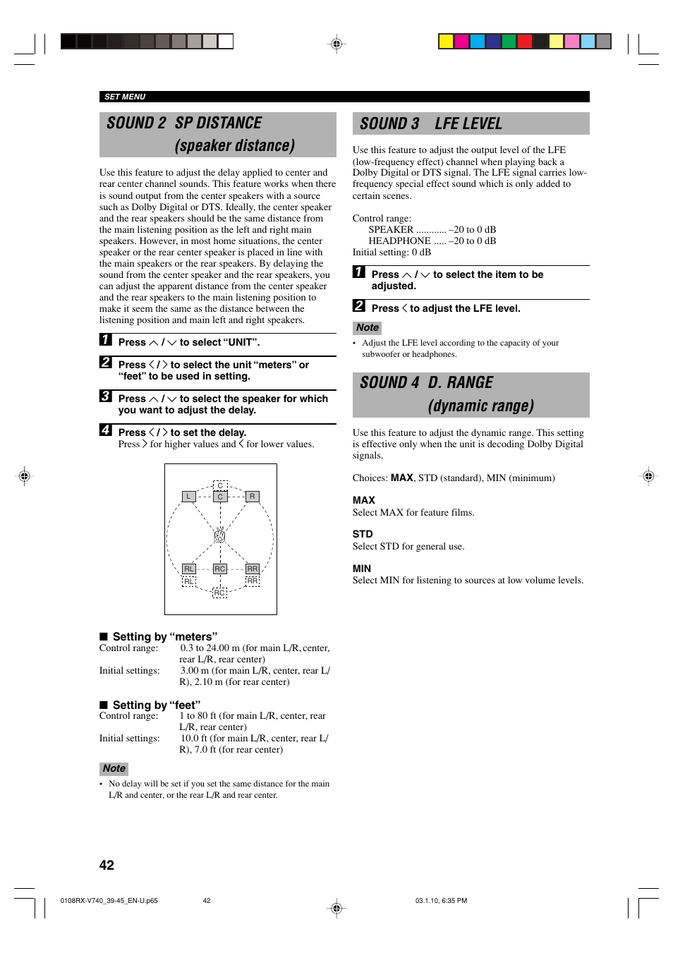 Sound 2 sp distance, Sound 3 lfe level, Sound 4 d. range | Sound 2 sp distance (speaker distance), Sound 4 d. range (dynamic range) | Yamaha AV Receiver User Manual | Page 46 / 71