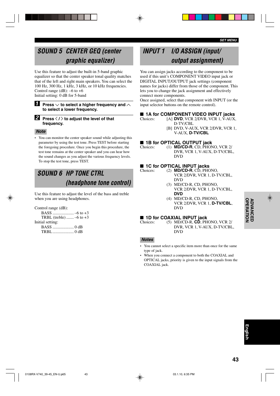 Sound 5 center geq, Sound 6 hp tone ctrl, Input 1 i/o assign | Sound 5 center geq (center graphic equalizer), Sound 6 hp tone ctrl (headphone tone control), Input 1 i/o assign (input/ output assignment) | Yamaha AV Receiver User Manual | Page 47 / 71