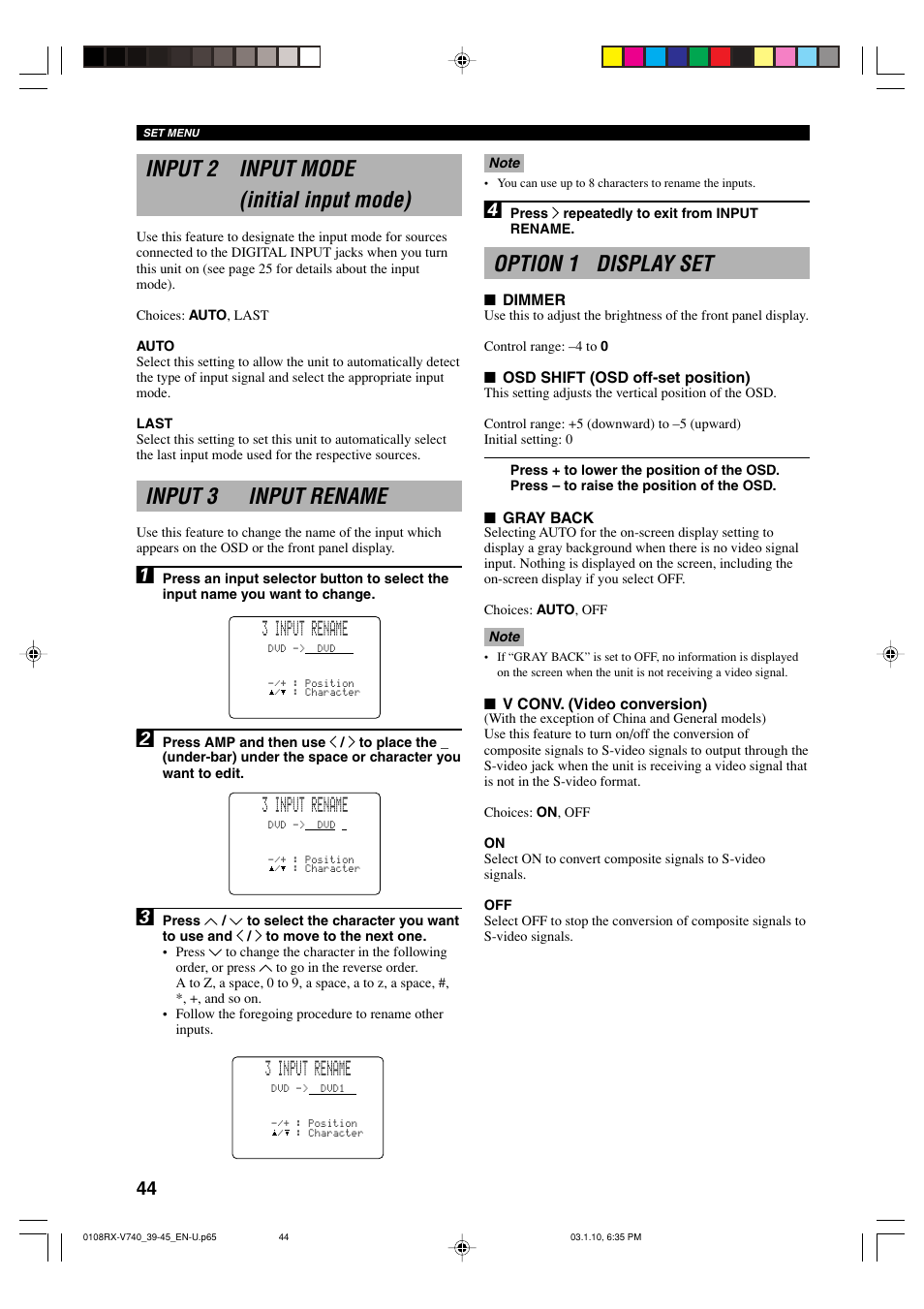 Input 2 input mode, Input 3 input rename, Option 1 display set | Input 2 input mode (initial input mode), 3 input rename | Yamaha AV Receiver User Manual | Page 48 / 71