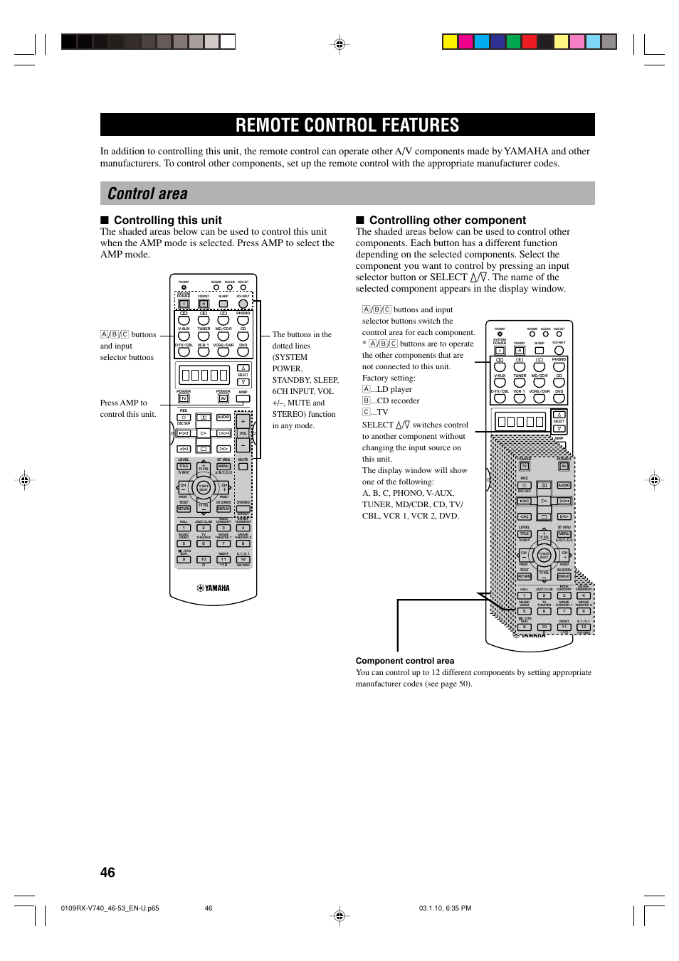 Remote control features, Control area, Controlling this unit | Controlling other component | Yamaha AV Receiver User Manual | Page 50 / 71