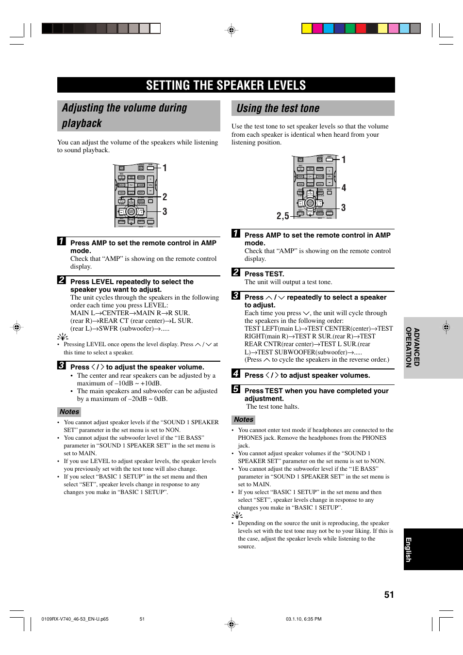 Setting the speaker levels, Adjusting the volume during playback, Using the test tone | English ad v anced opera tion, Press test. the unit will output a test tone, Press j / i to adjust speaker volumes | Yamaha AV Receiver User Manual | Page 55 / 71