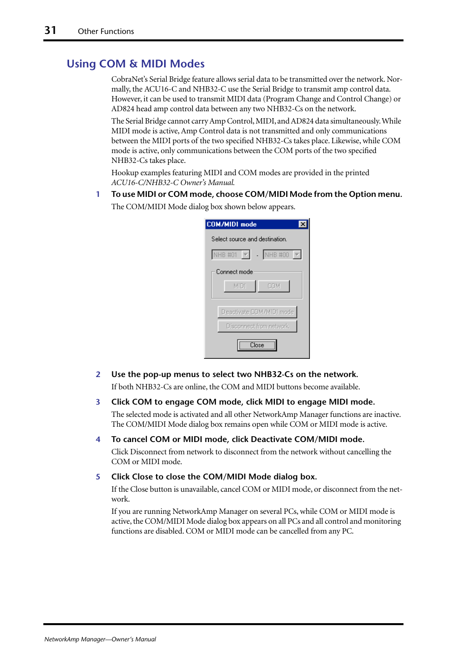 Using com & midi modes | Yamaha HUB User Manual | Page 31 / 43