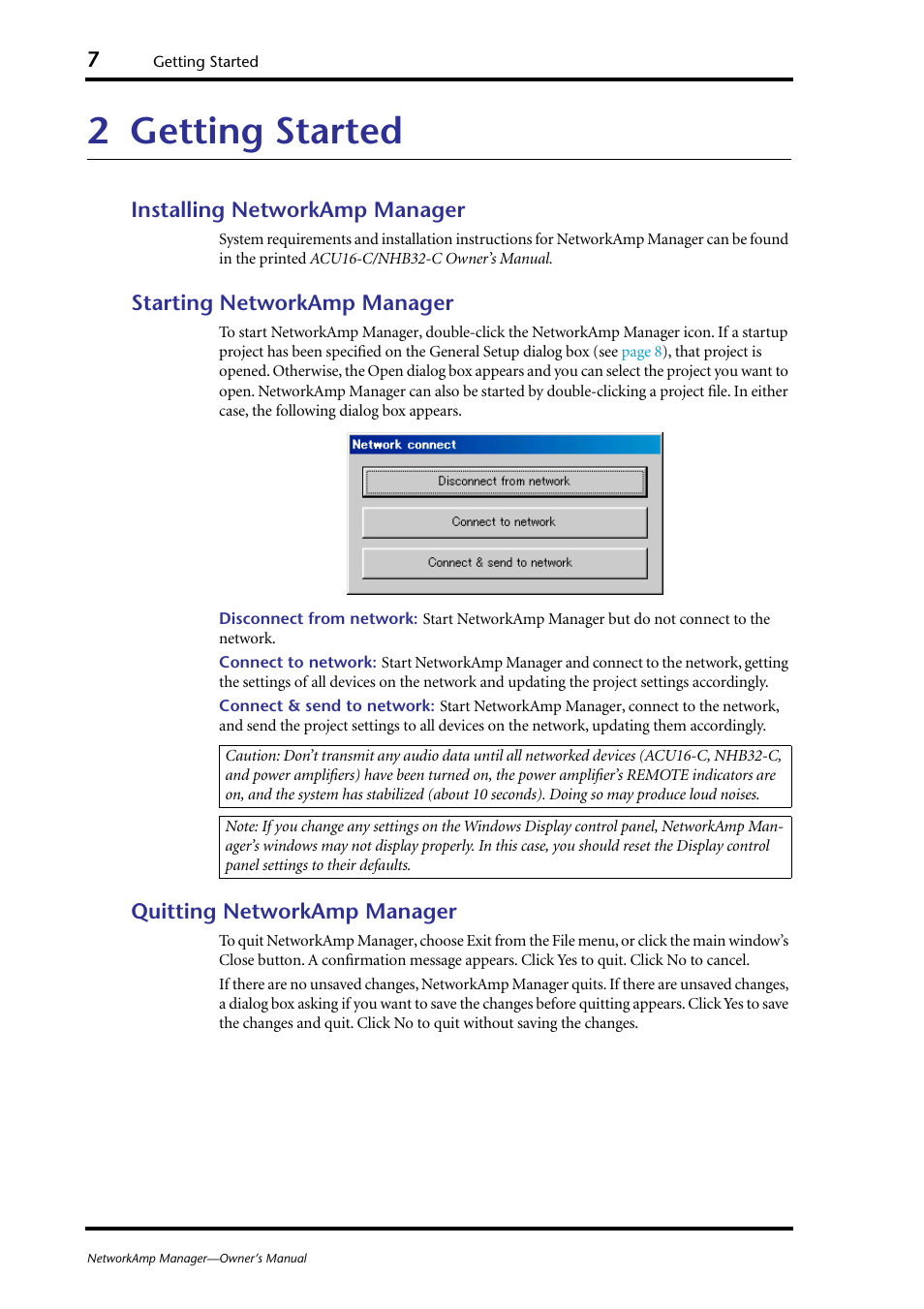 2 getting started, Installing networkamp manager, Starting networkamp manager | Quitting networkamp manager, Getting started | Yamaha HUB User Manual | Page 7 / 43