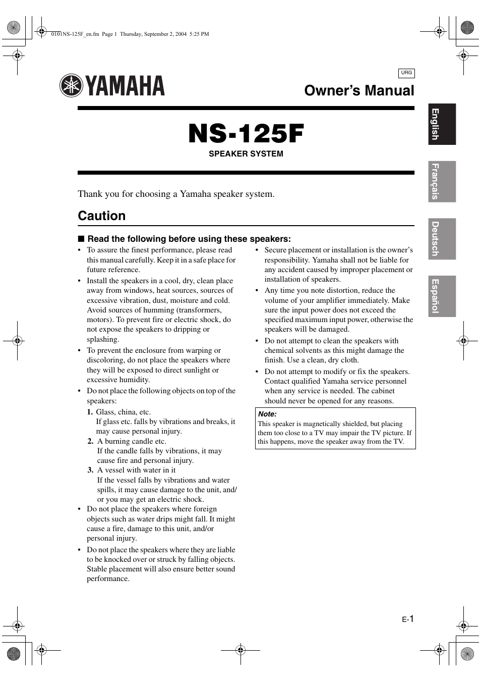 Yamaha NS-125F User Manual | 4 pages