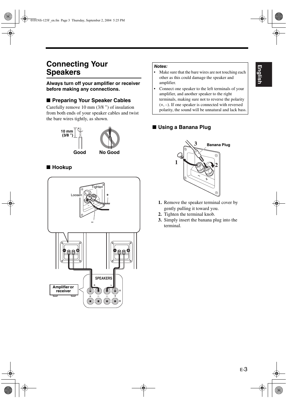 Connecting your speakers, Preparing your speaker cables, Hookup | Using a banana plug | Yamaha NS-125F User Manual | Page 3 / 4