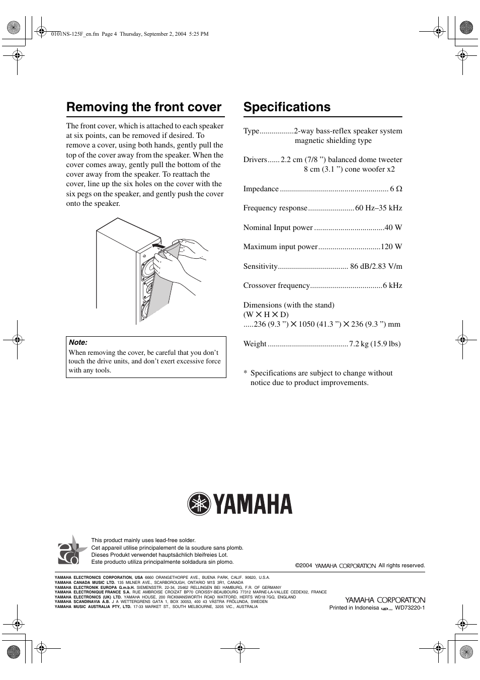 Removing the front cover, Specifications | Yamaha NS-125F User Manual | Page 4 / 4