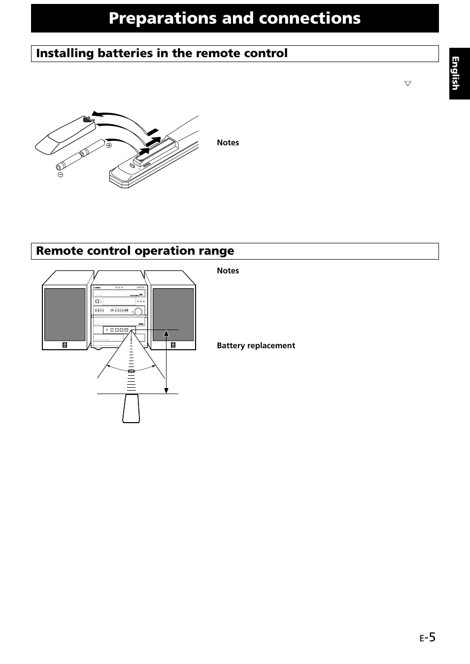 Preparations and connections, Installing batteries in the remote control, Remote control operation range | Yamaha GX707 User Manual | Page 15 / 52