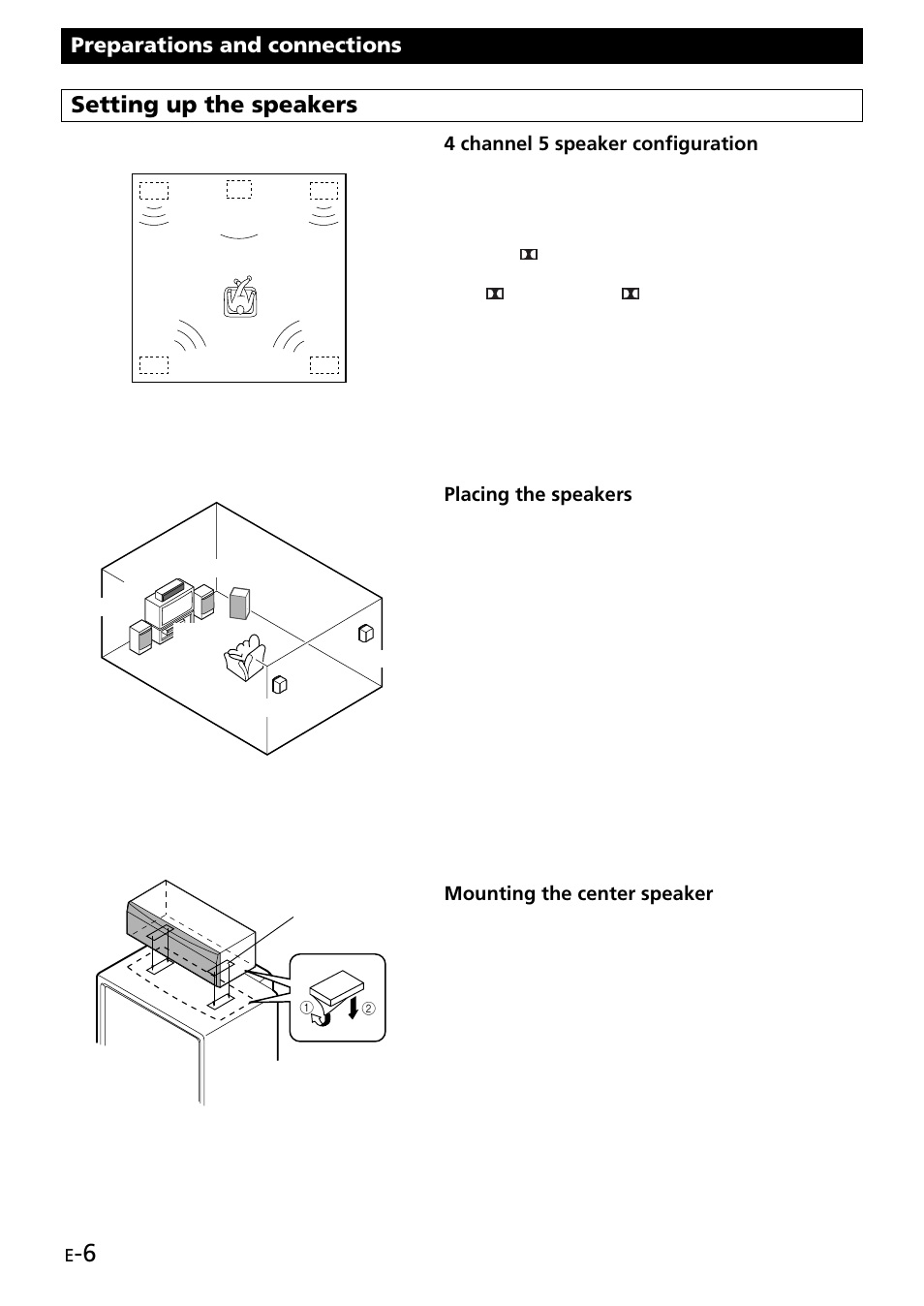 Setting up the speakers, Preparations and connections, 4 channel 5 speaker configuration | Placing the speakers, Mounting the center speaker | Yamaha GX707 User Manual | Page 16 / 52