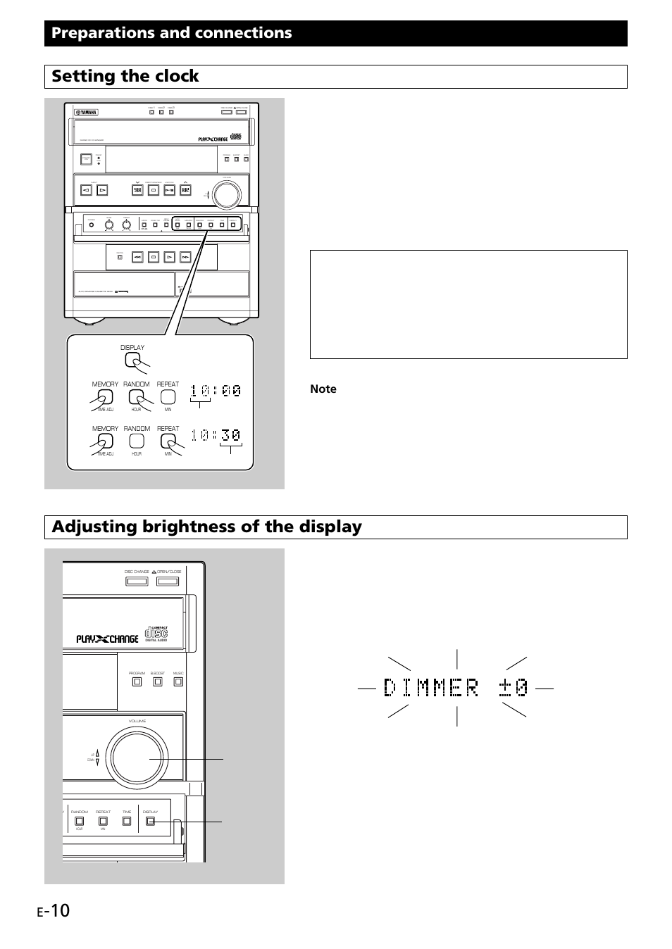 Setting the clock, Adjusting brightness of the display, Preparations and connections | Control range : ±0 to –6 (preset value: ±0), Dolby b nr, Changes, Volume display | Yamaha GX707 User Manual | Page 20 / 52