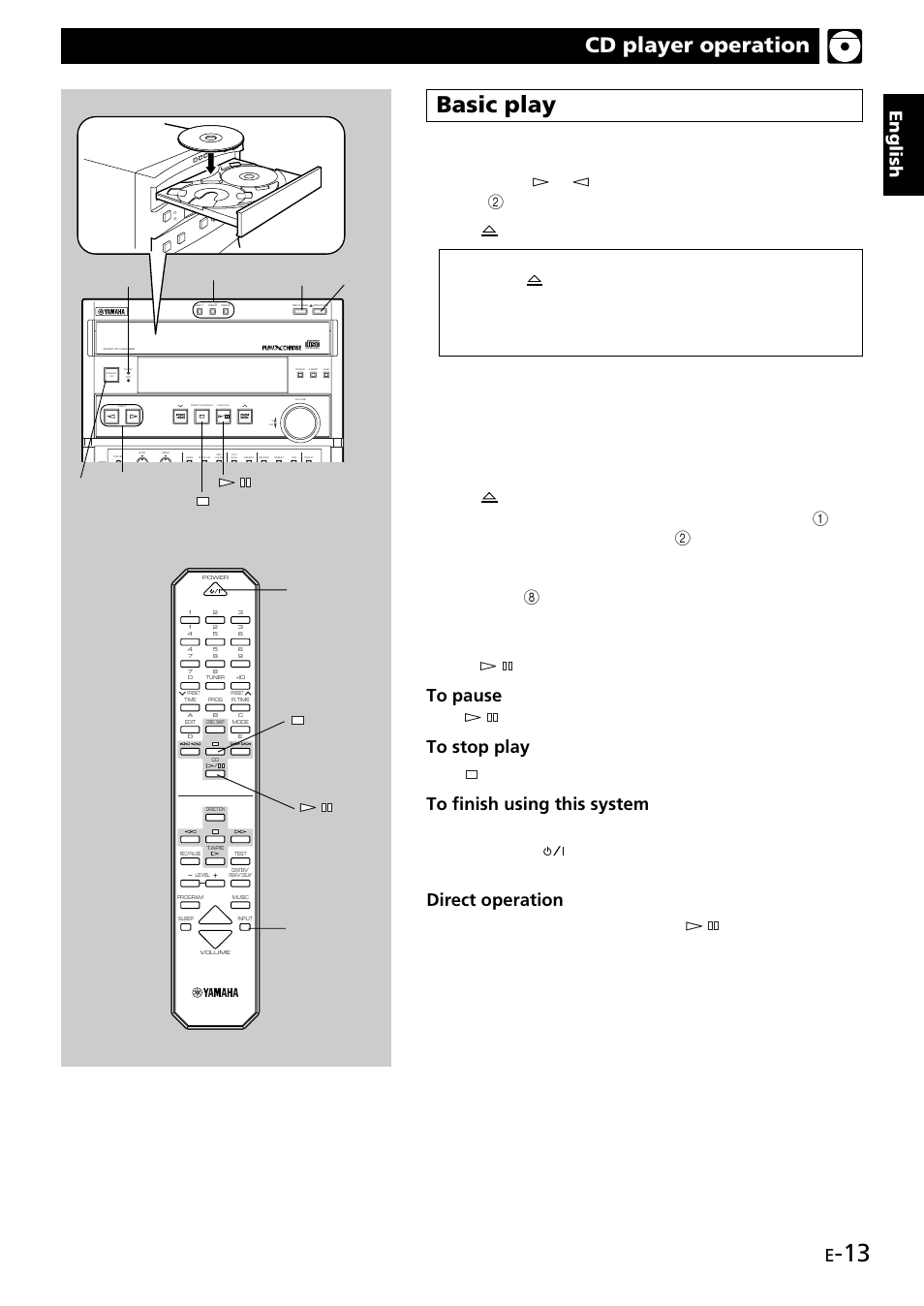 Basic play, Cd player operation, English | Direct operation, Turn on the power, Press / to begin play, Press, Standby indicator, Disc (1, 2, 3), Play/pause) (stop) | Yamaha GX707 User Manual | Page 23 / 52