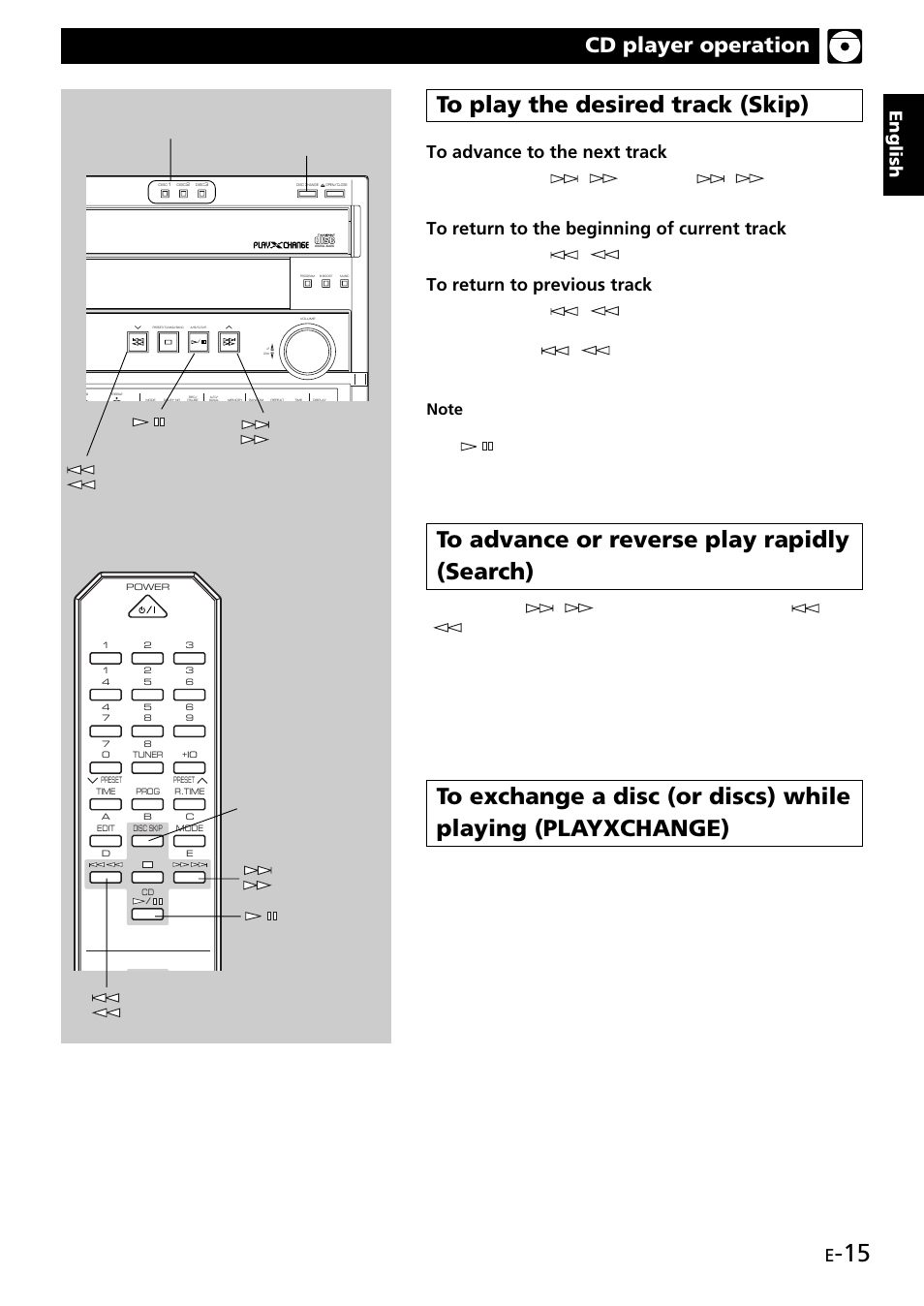 To play the desired track (skip), To advance or reverse play rapidly (search), Cd player operation | English, During play, press ( ) once | Yamaha GX707 User Manual | Page 25 / 52
