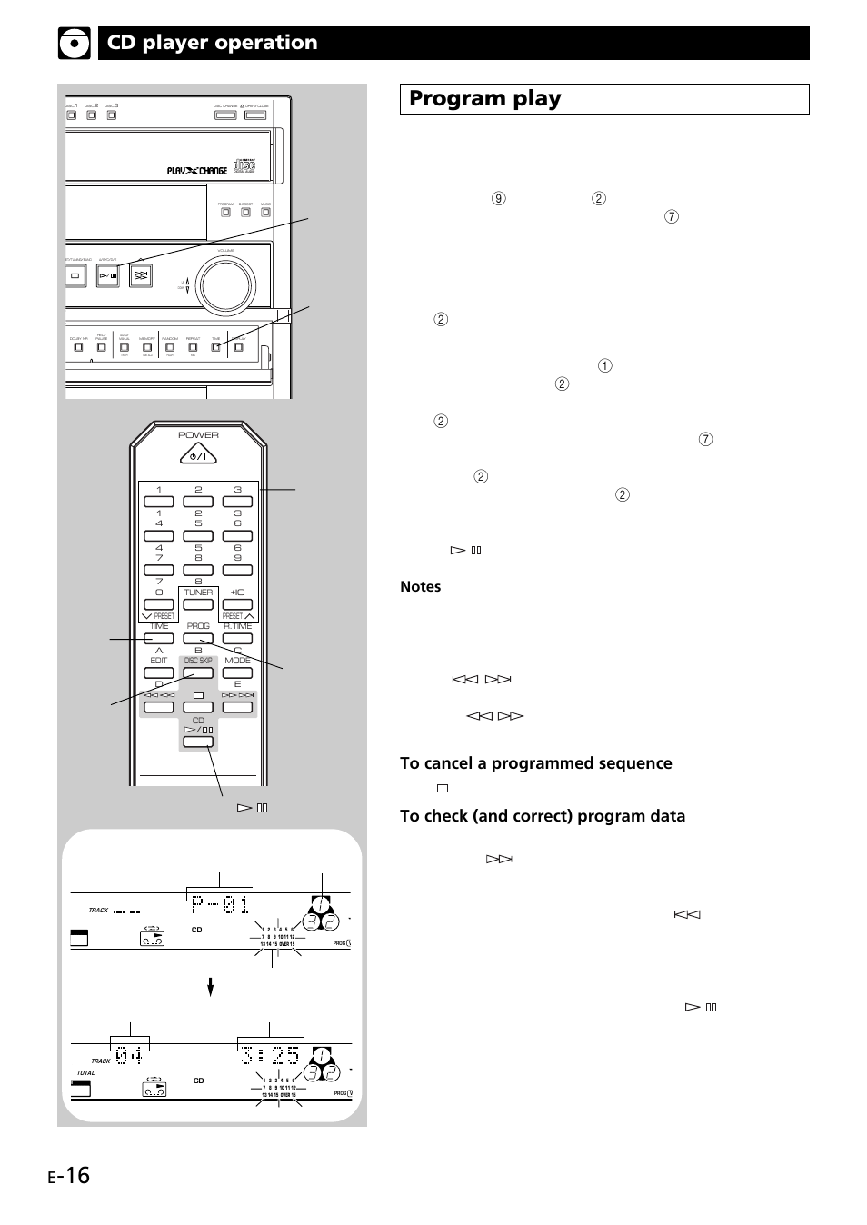 Program play, Cd player operation, Repeat steps 2 and 3 to program other tracks | Press while the cd player is being stopped, Time, Play/pause), Prog | Yamaha GX707 User Manual | Page 26 / 52