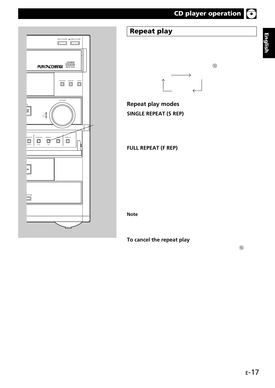 Repeat play, Cd player operation, Repeat play modes | English, Single repeat (s rep), Full repeat (f rep), Off) s rep f rep | Yamaha GX707 User Manual | Page 27 / 52