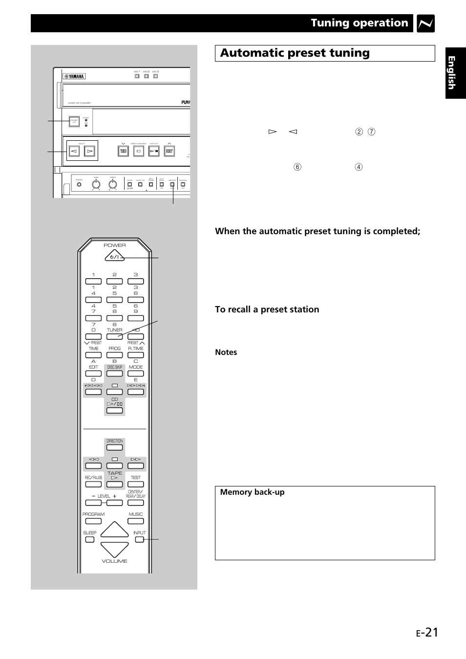 Automatic preset tuning, Tuning operation, English | When the automatic preset tuning is completed, Turn on the power | Yamaha GX707 User Manual | Page 31 / 52