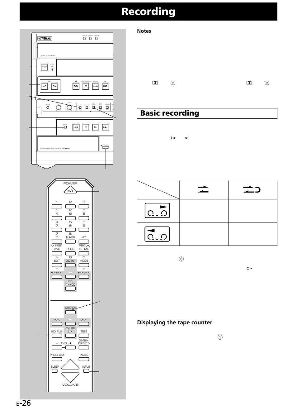 Recording, Basic recording, Displaying the tape counter | Turn on the power, Load a tape on the tray with side a facing upward | Yamaha GX707 User Manual | Page 36 / 52