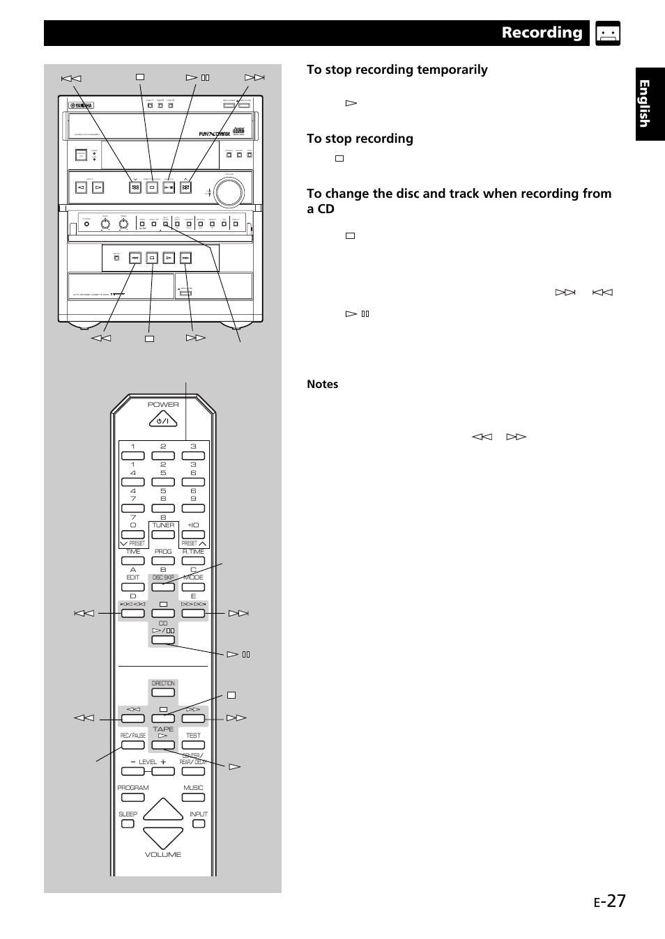 Recording, English, Press on the tape deck | Select the disc by pressing disc skip if necessary, Dolby b nr, Numeric buttons disc skip rec/pause | Yamaha GX707 User Manual | Page 37 / 52