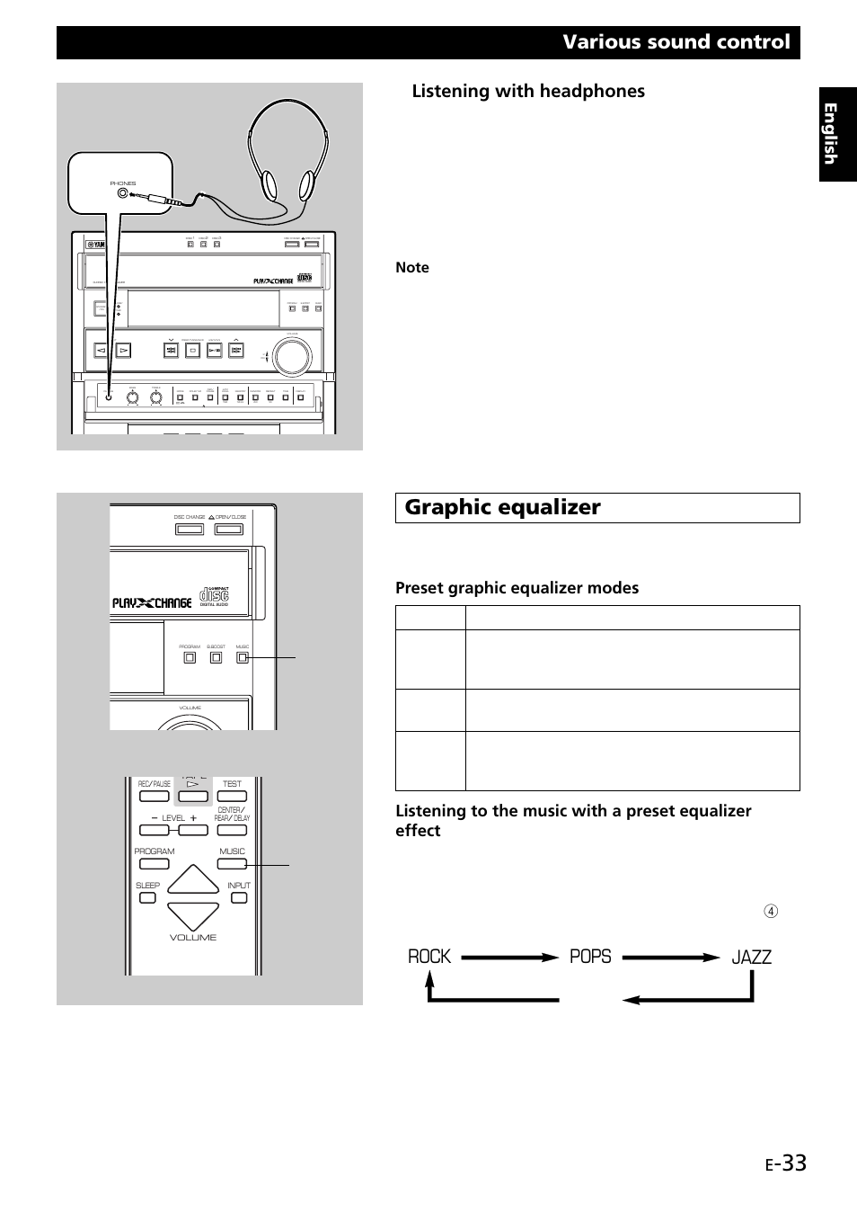 Graphic equalizer, Various sound control, Listening with headphones | Rock pops (off) jazz, English, Play back a source, Music | Yamaha GX707 User Manual | Page 43 / 52