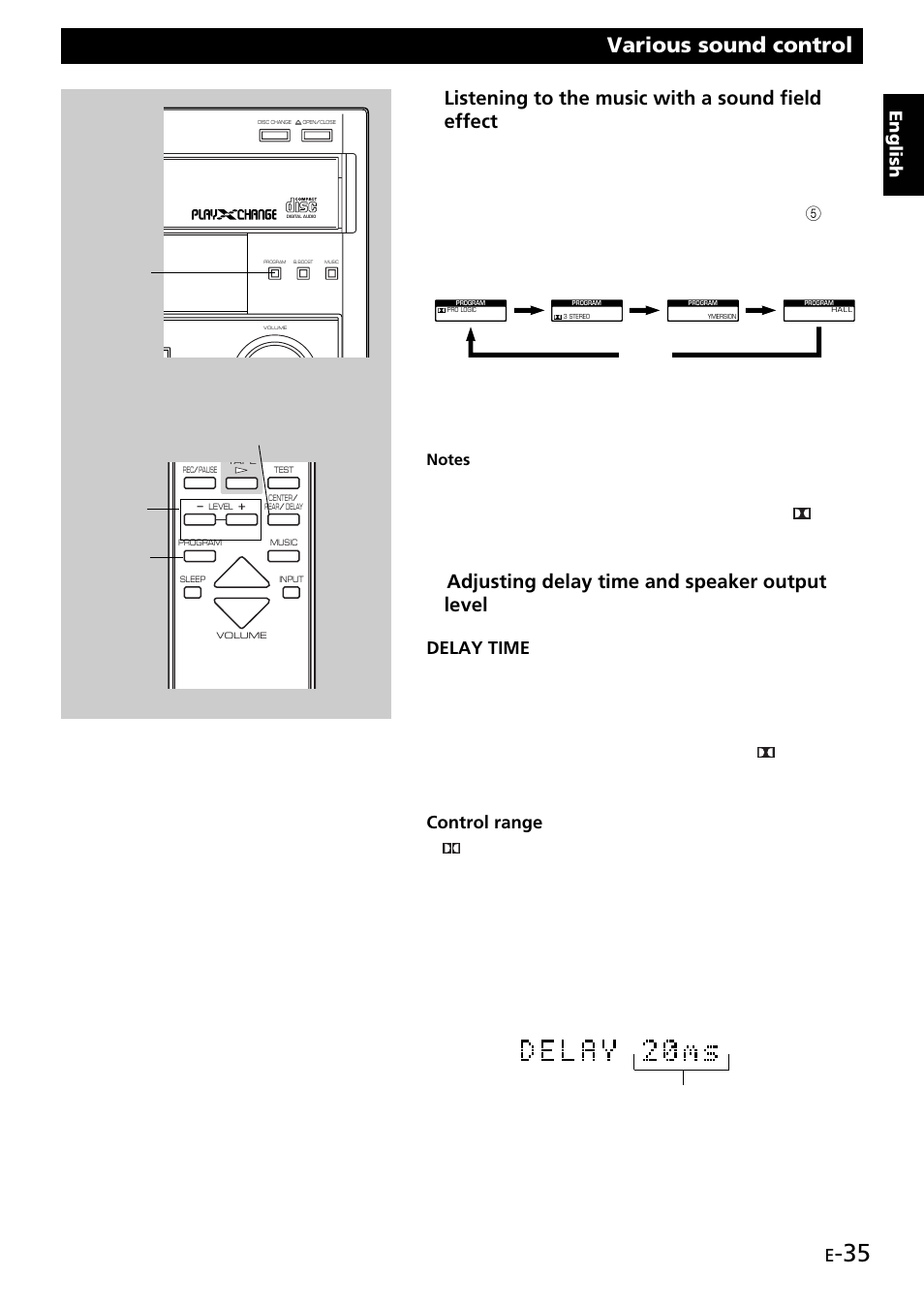 Various sound control, Listening to the music with a sound field effect 1, Adjusting delay time and speaker output level | English, Delay time, Control range | Yamaha GX707 User Manual | Page 45 / 52