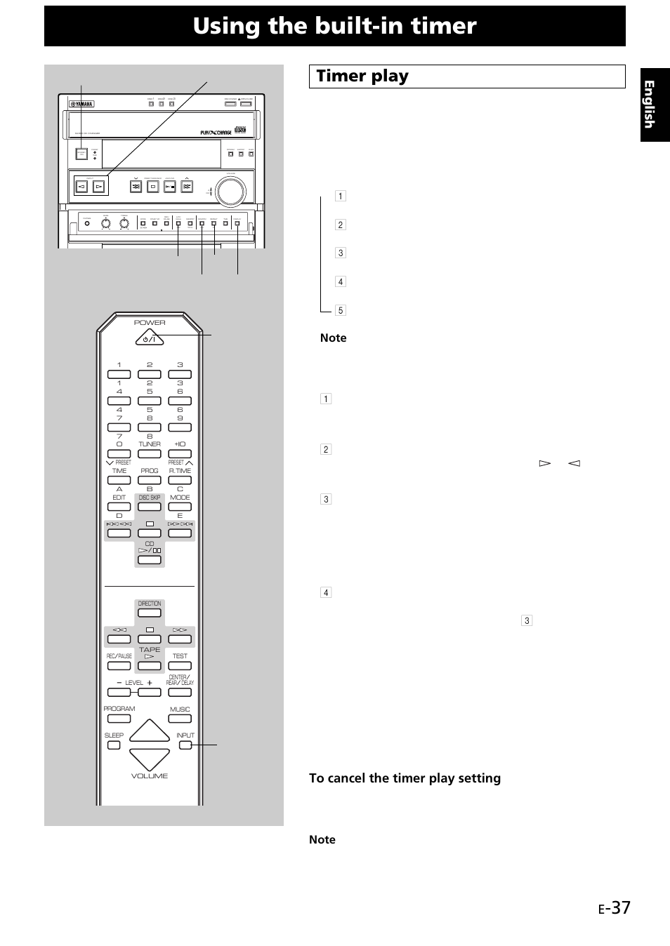 Using the built-in timer, Timer play, English | Standby/on input, Input power (standby/on) timer min hour display | Yamaha GX707 User Manual | Page 47 / 52