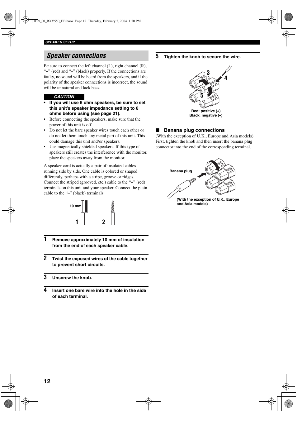 Speaker connections | Yamaha RX-V550 User Manual | Page 14 / 78