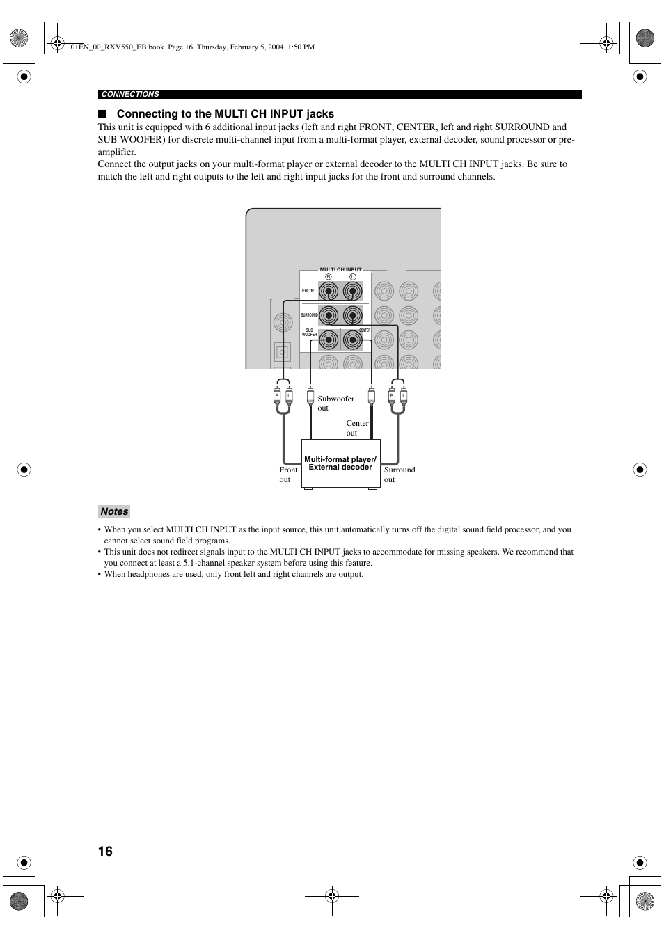 Connecting to the multi ch input jacks | Yamaha RX-V550 User Manual | Page 18 / 78