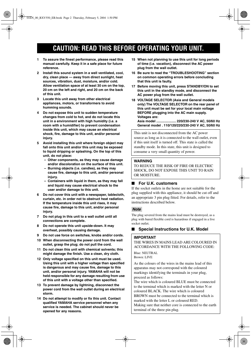 Caution: read this before operating your unit | Yamaha RX-V550 User Manual | Page 2 / 78