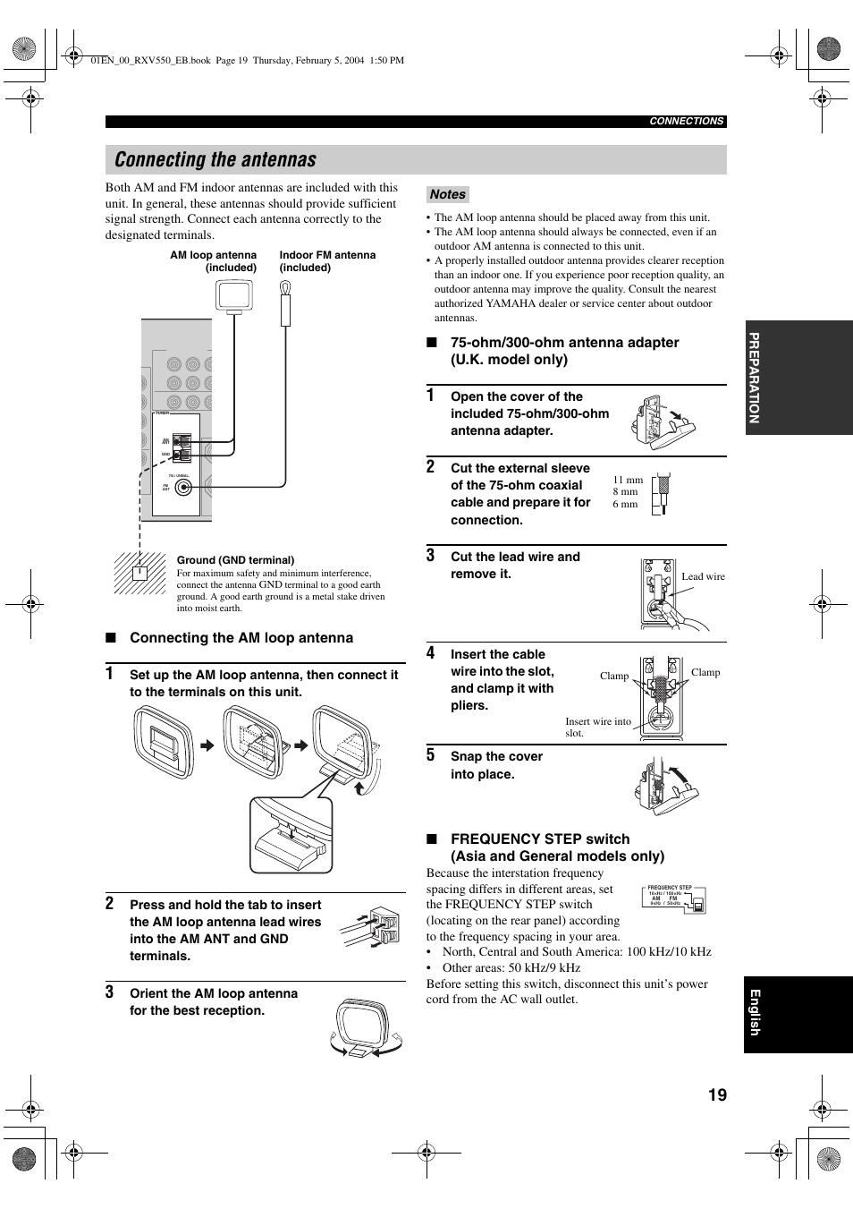 Connecting the antennas, Connecting the am loop antenna, Ohm/300-ohm antenna adapter (u.k. model only) | Yamaha RX-V550 User Manual | Page 21 / 78