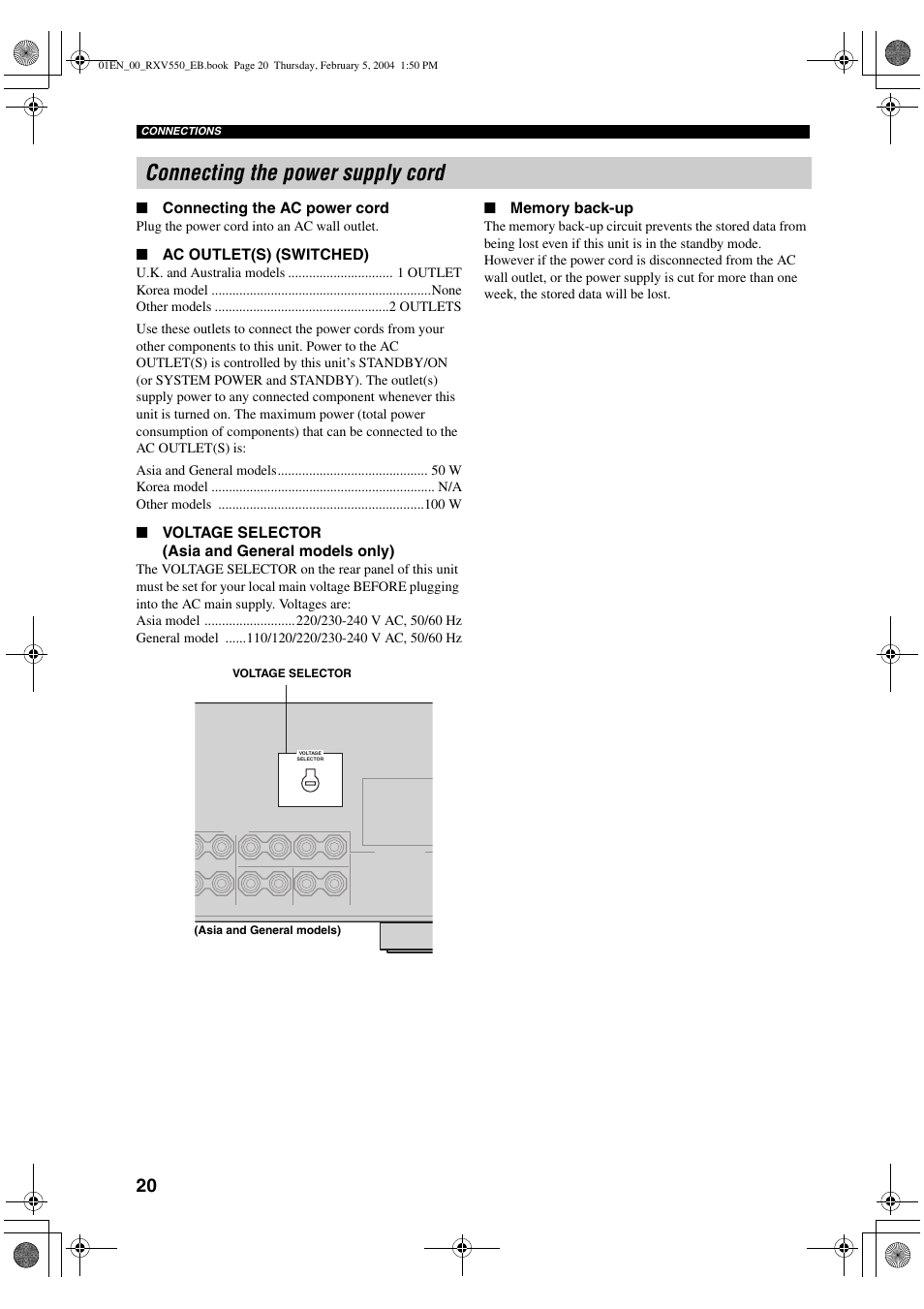 Connecting the power supply cord | Yamaha RX-V550 User Manual | Page 22 / 78