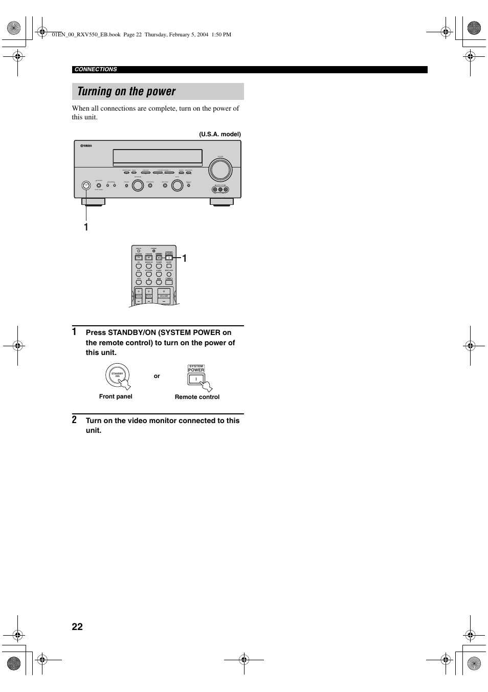 Turning on the power, Turn on the video monitor connected to this unit | Yamaha RX-V550 User Manual | Page 24 / 78