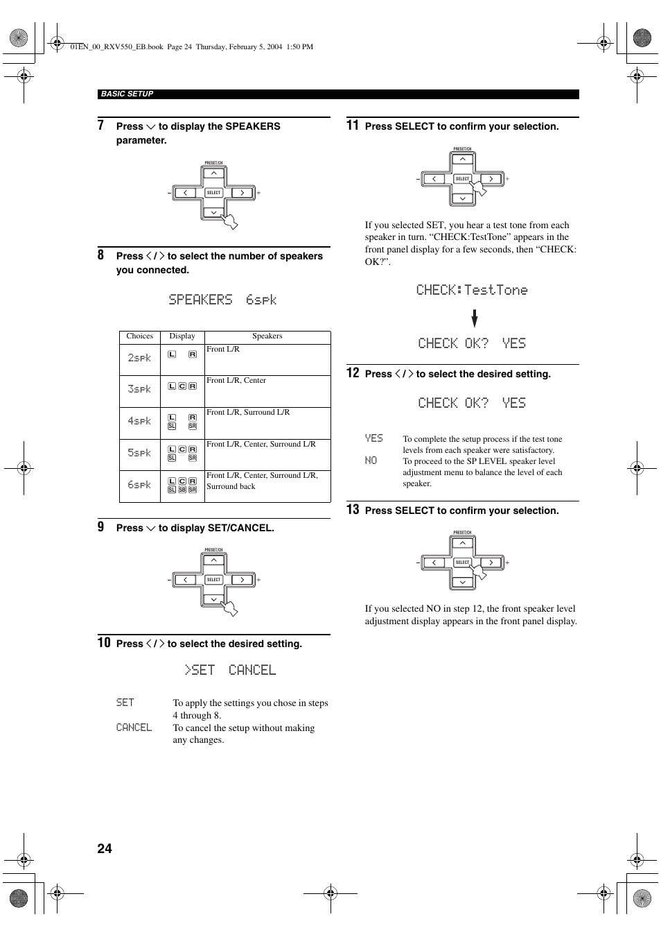 Speakers 6spk 9, Set cancel, Check:testtone check ok? yes 12 | Check ok? yes | Yamaha RX-V550 User Manual | Page 26 / 78