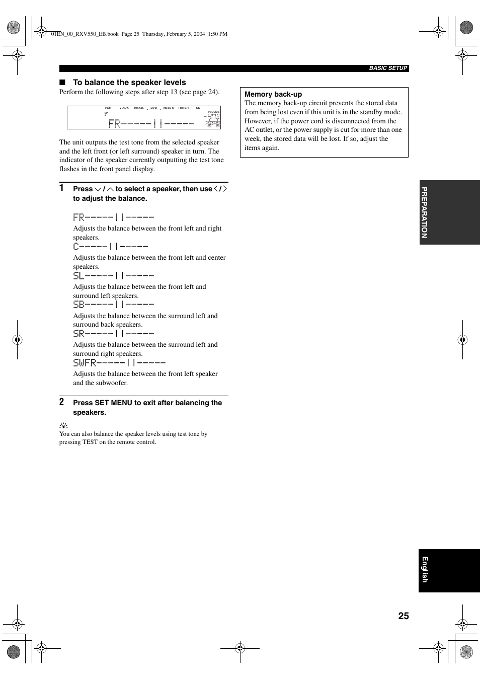 Swfr, English, Pre p ara t ion | Yamaha RX-V550 User Manual | Page 27 / 78