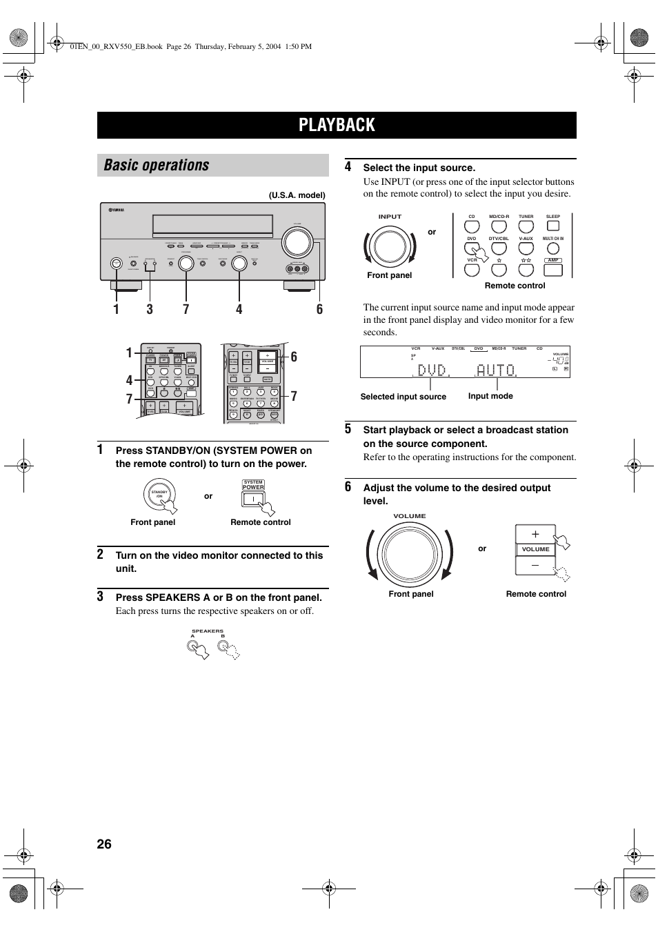 Playback, Basic operations, 01 d dvd d auto 00 | Turn on the video monitor connected to this unit, Adjust the volume to the desired output level, U.s.a. model), Front panel remote control or, Selected input source input mode, Or remote control front panel | Yamaha RX-V550 User Manual | Page 28 / 78