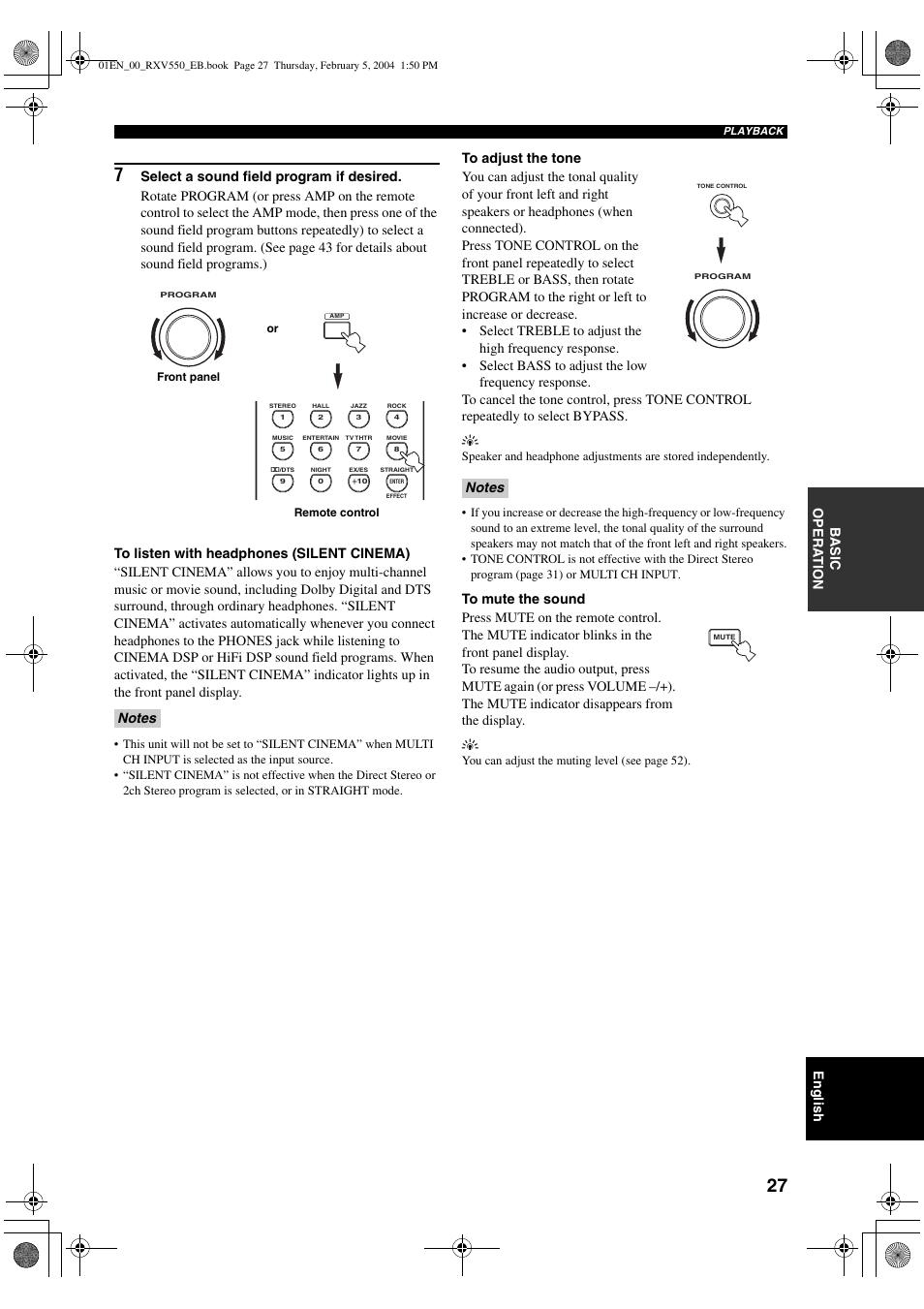 English, Ba s ic opera t ion | Yamaha RX-V550 User Manual | Page 29 / 78