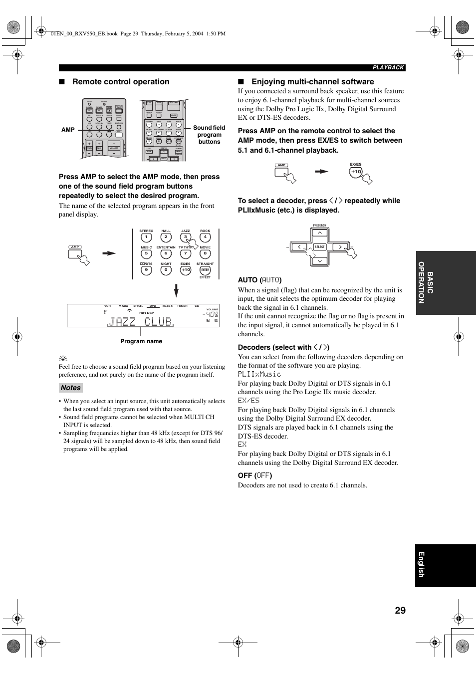 01 d jazz a club o00, Remote control operation, Enjoying multi-channel software | English, Ba s ic opera t ion, Sound field program buttons amp, Program name, Playback | Yamaha RX-V550 User Manual | Page 31 / 78