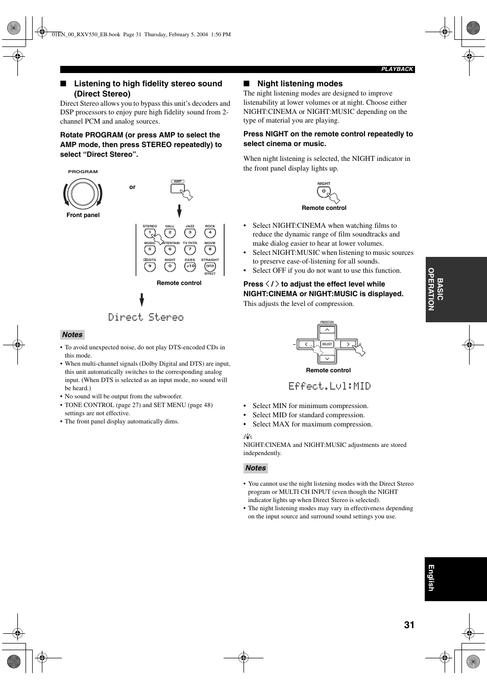 Direct stereo, Effect.lvl:mid, Night listening modes | Yamaha RX-V550 User Manual | Page 33 / 78