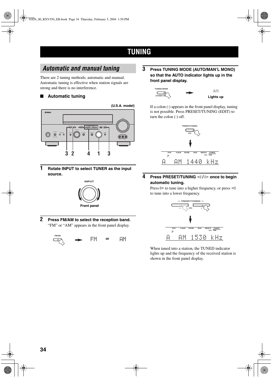 Tuning, Automatic and manual tuning, Am fm | Automatic tuning | Yamaha RX-V550 User Manual | Page 36 / 78