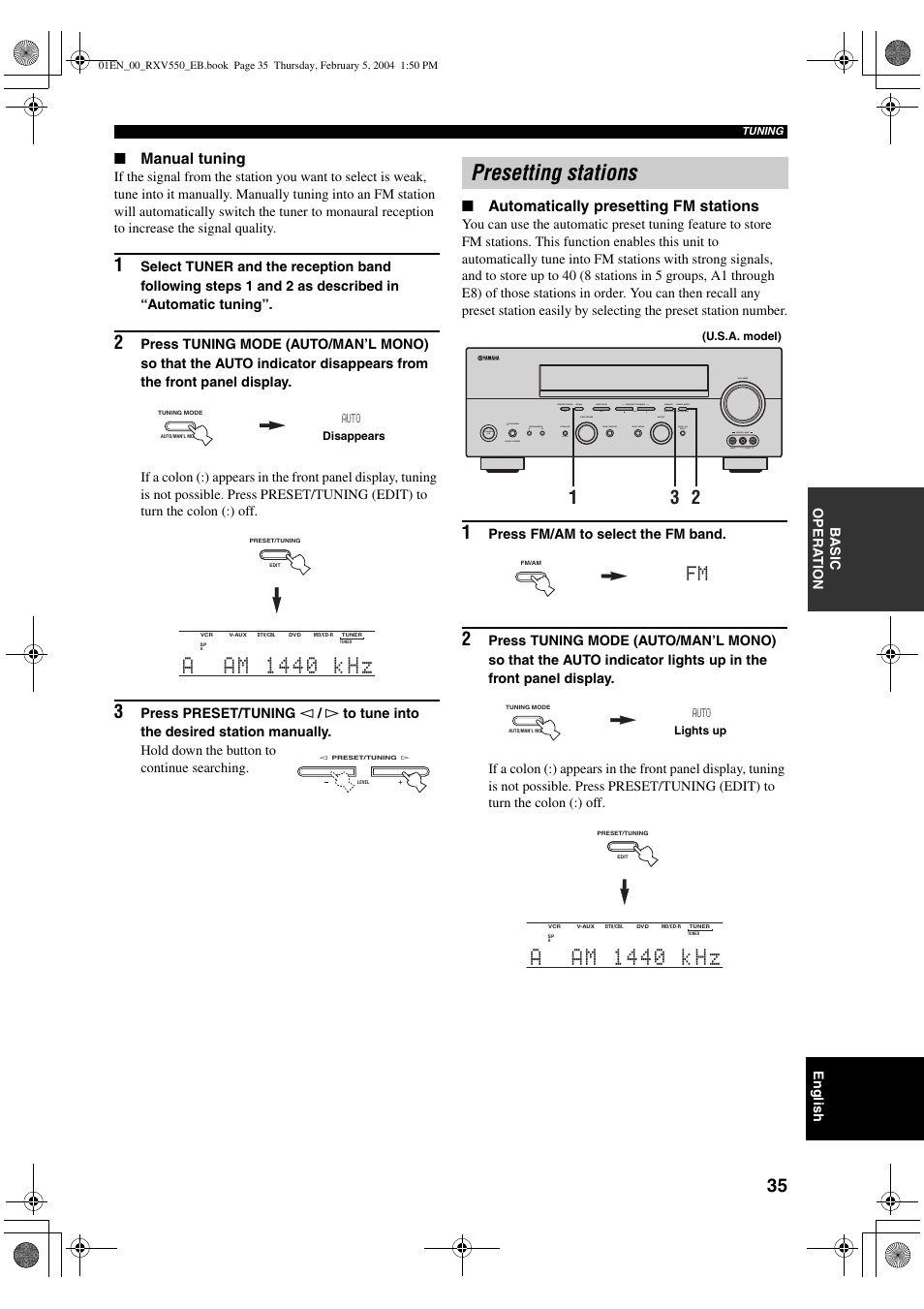 Presetting stations, Manual tuning, Automatically presetting fm stations | Yamaha RX-V550 User Manual | Page 37 / 78