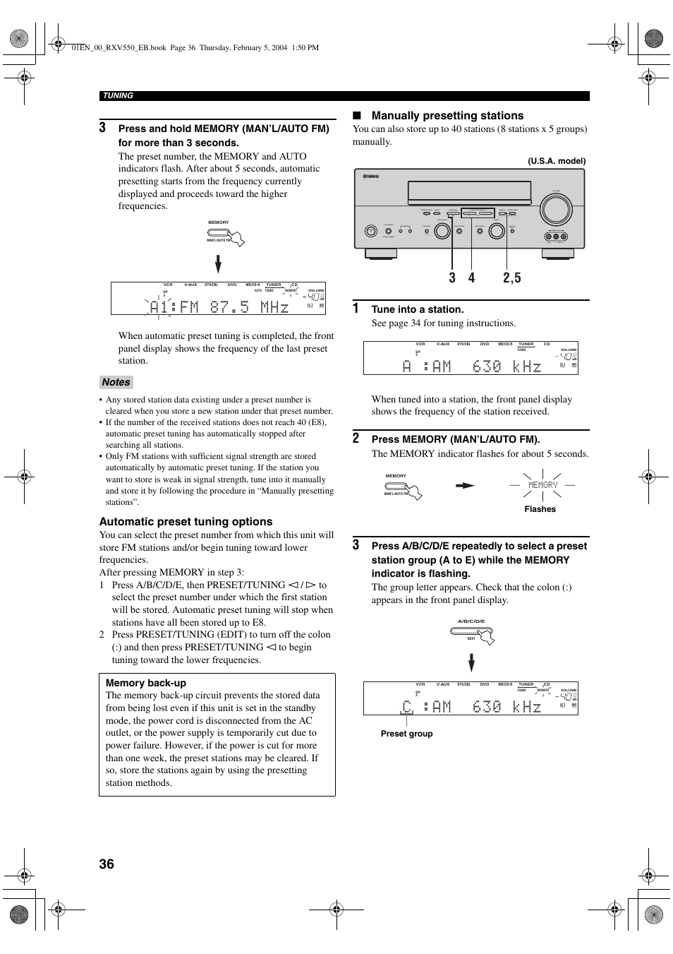 Automatic preset tuning options, Manually presetting stations | Yamaha RX-V550 User Manual | Page 38 / 78