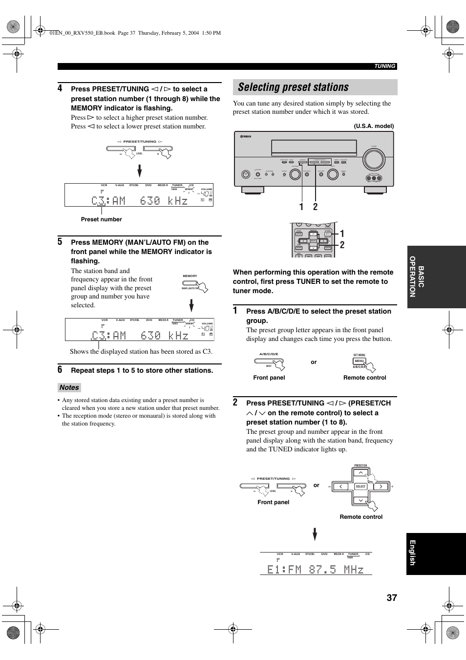 Selecting preset stations, English, Ba s ic opera t ion | Repeat steps 1 to 5 to store other stations, Shows the displayed station has been stored as c3 | Yamaha RX-V550 User Manual | Page 39 / 78