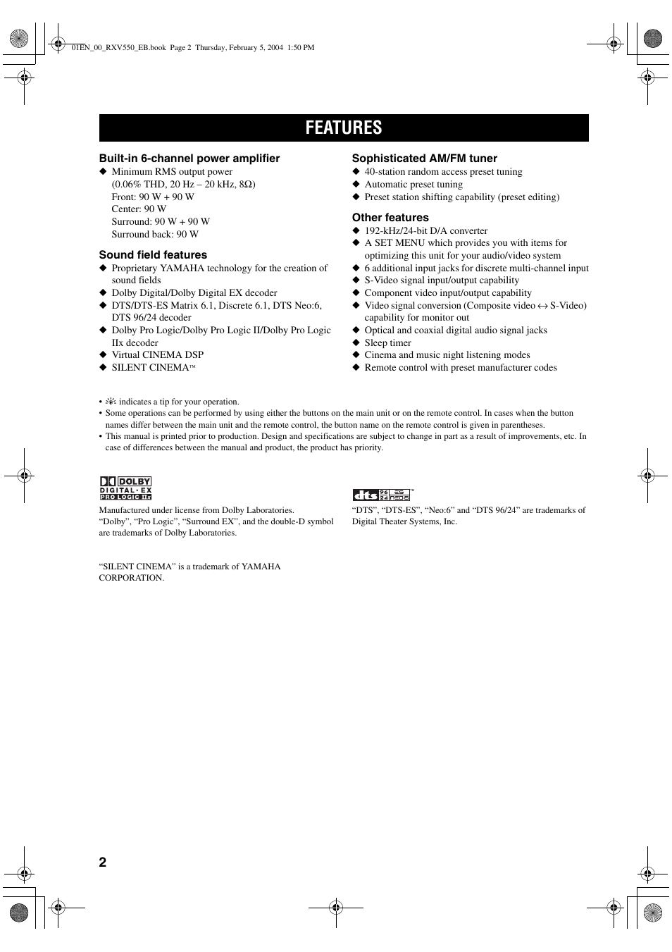 Features | Yamaha RX-V550 User Manual | Page 4 / 78