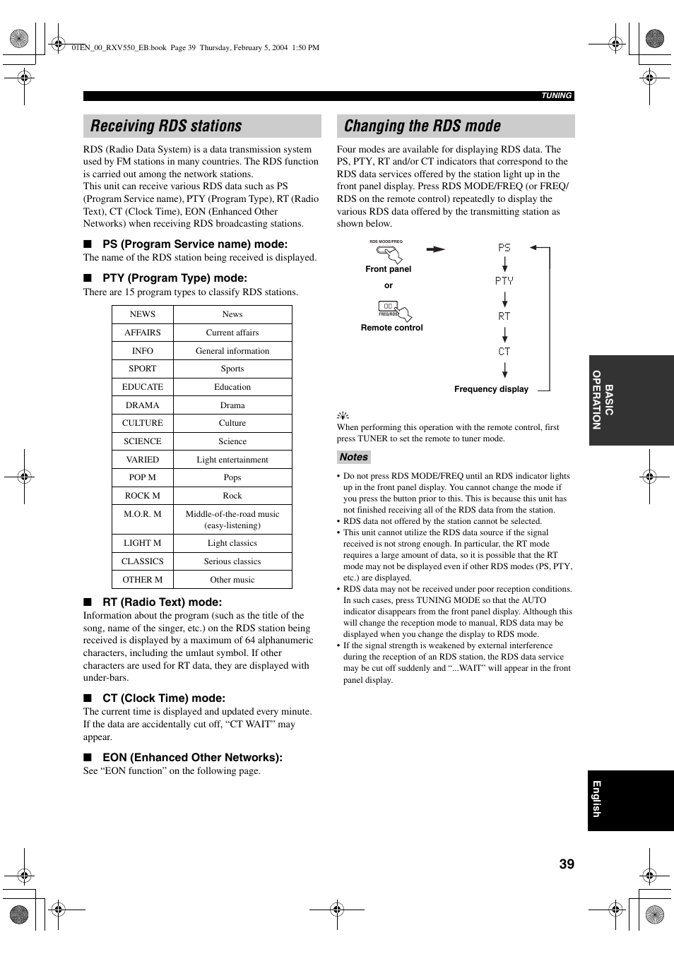 Receiving rds stations, Changing the rds mode | Yamaha RX-V550 User Manual | Page 41 / 78