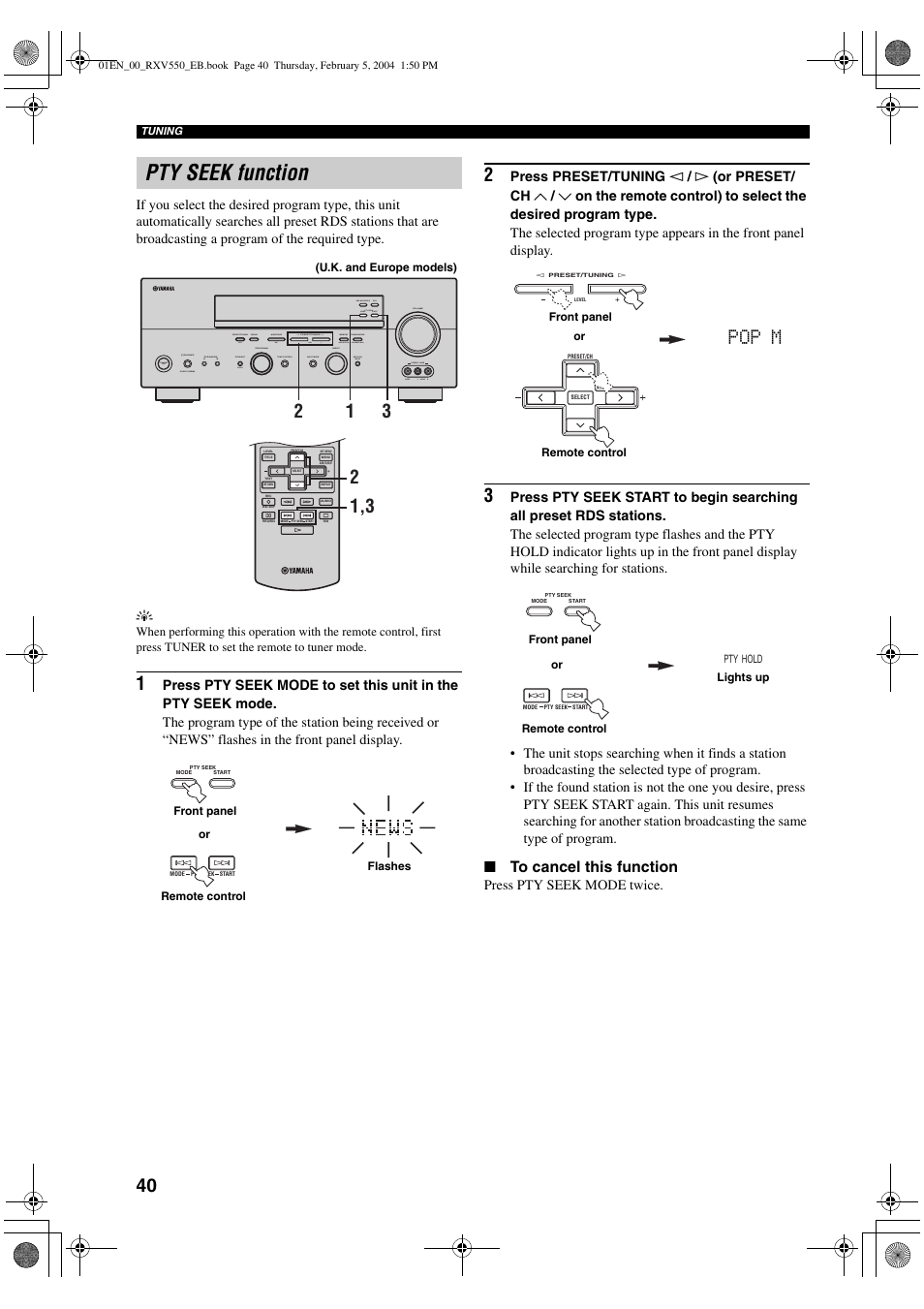 Pty seek function, Pop m | Yamaha RX-V550 User Manual | Page 42 / 78