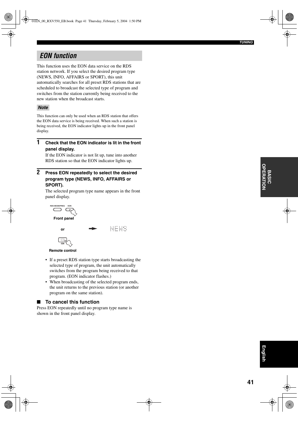 Eon function | Yamaha RX-V550 User Manual | Page 43 / 78