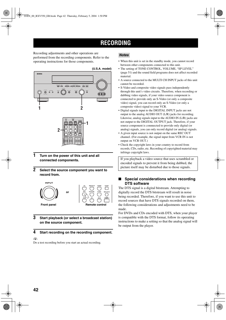 Recording, Special considerations when recording dts software | Yamaha RX-V550 User Manual | Page 44 / 78