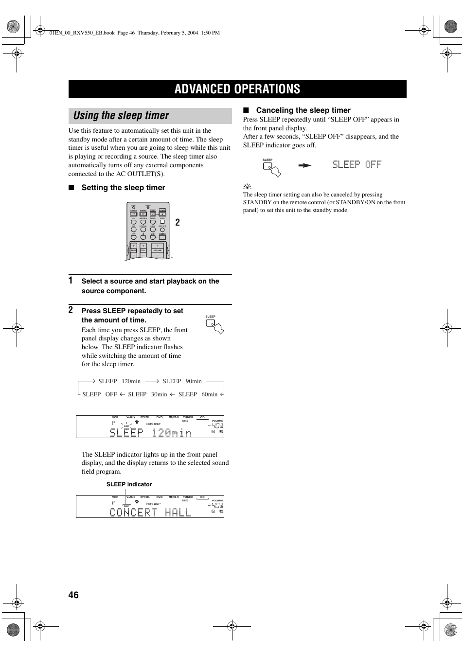 Using the sleep timer, E1 concert 2 hall z, Sleep off | Setting the sleep timer, Canceling the sleep timer, Sleep indicator, Advanced operations | Yamaha RX-V550 User Manual | Page 48 / 78