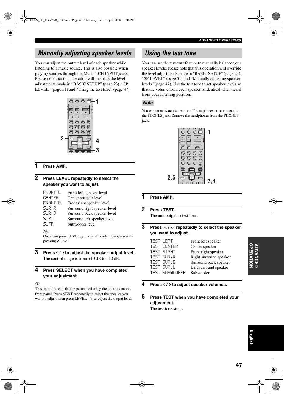 Manually adjusting speaker levels, Using the test tone, English | Press amp, Press test. the unit outputs a test tone, Press j / i to adjust speaker volumes | Yamaha RX-V550 User Manual | Page 49 / 78