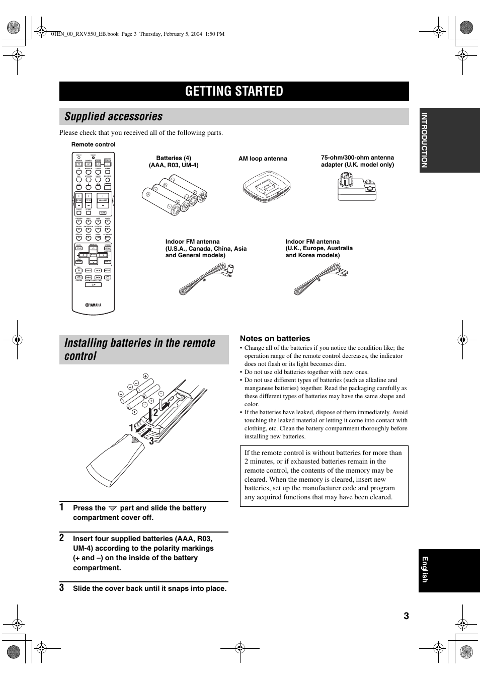 Supplied accessories, Installing batteries in the remote control, Slide the cover back until it snaps into place | Getting started | Yamaha RX-V550 User Manual | Page 5 / 78