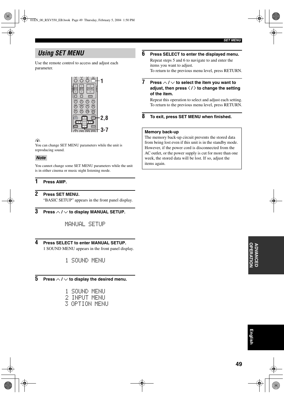 Using set menu, Manual setup 4, 1 sound menu 5 | 1 sound menu 2 input menu 3 option menu 6, English, Press amp, Press u / d to display manual setup, Press u / d to display the desired menu | Yamaha RX-V550 User Manual | Page 51 / 78