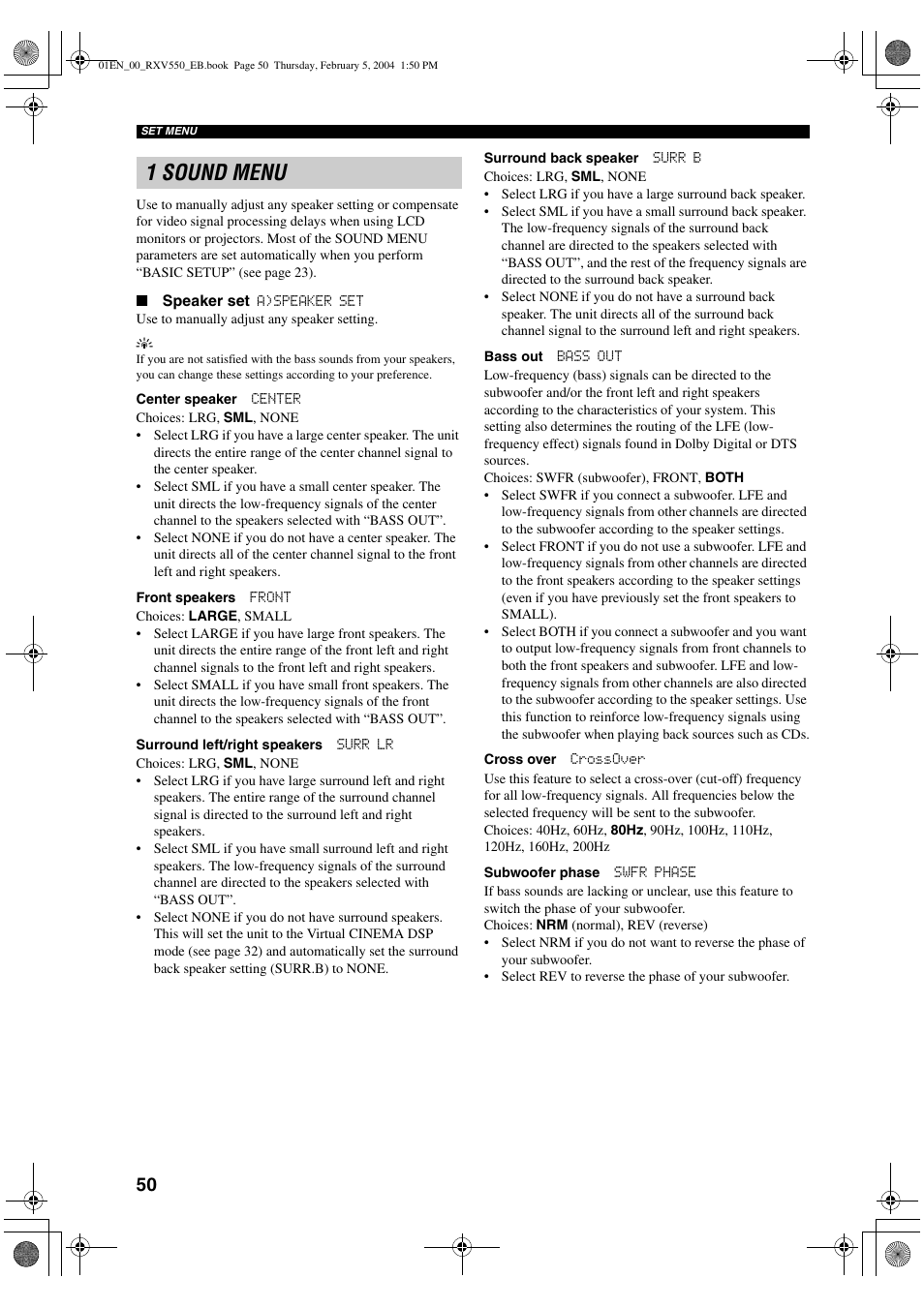 1 sound menu | Yamaha RX-V550 User Manual | Page 52 / 78