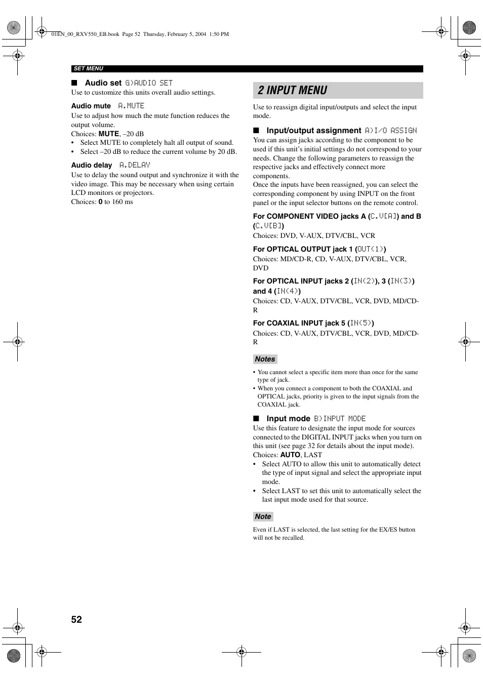 2 input menu | Yamaha RX-V550 User Manual | Page 54 / 78